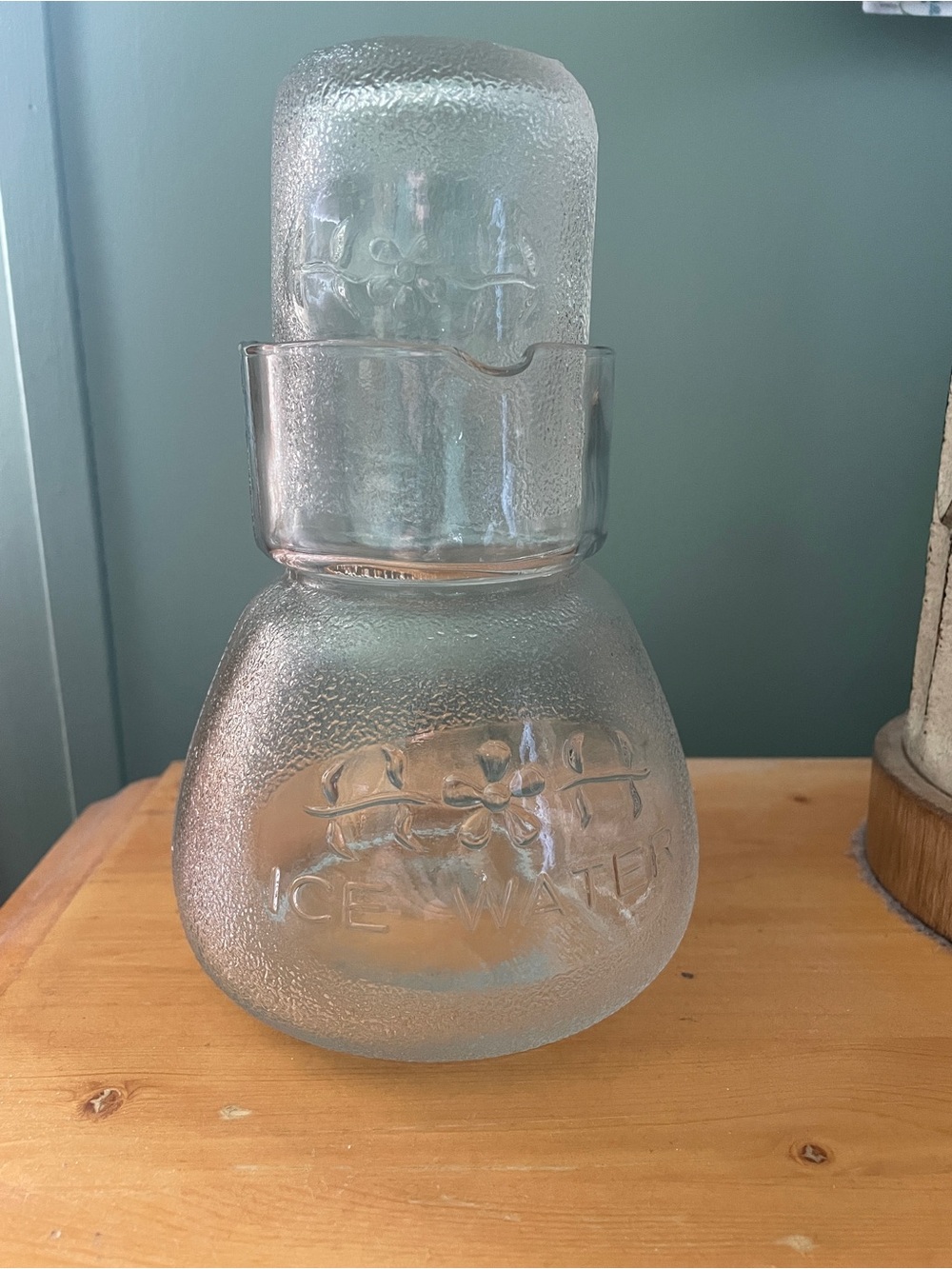 Textured (Frosted?) Primitive (not uniform edges) Glass Water Carafe  & Cup